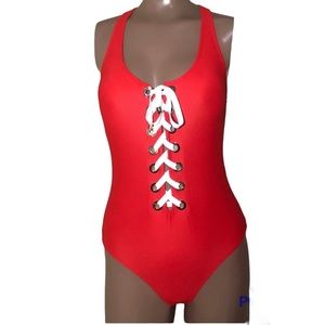 Derek Lam Textured Lace Up Front Scoop Swimsuit